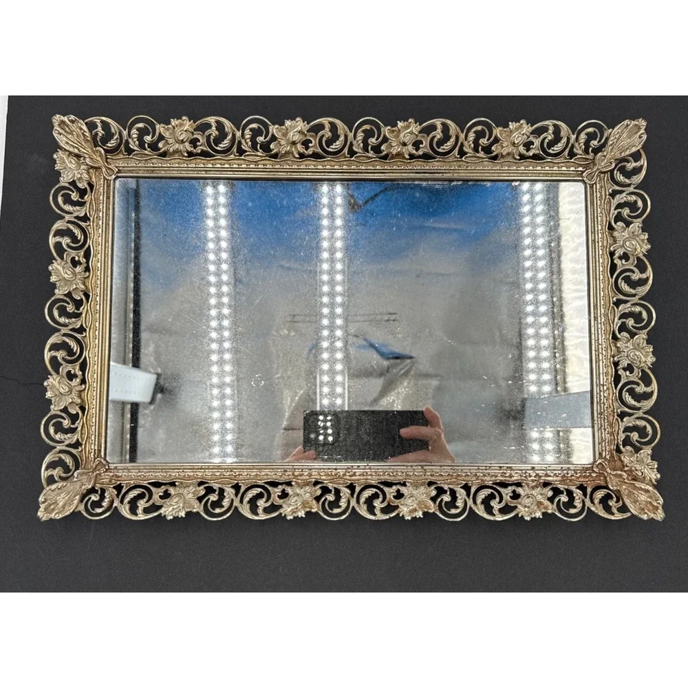 Vtg Ornate Vanity Mirror picture Stand Alone Or Tray keeper 15